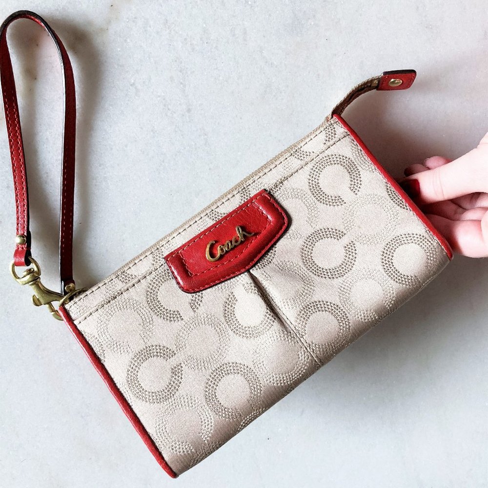 Coach wallet / wristlet signature khaki beige tan canvas & cherry red leather